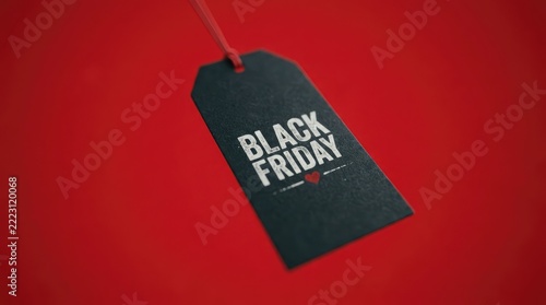 Black friday sale tag with white text on a black label isolated against a vibrant red background
