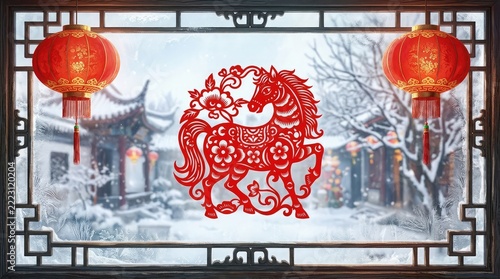 Chinese paper cutting of a dragon with red lanterns and traditional architecture in a snowy winter scene