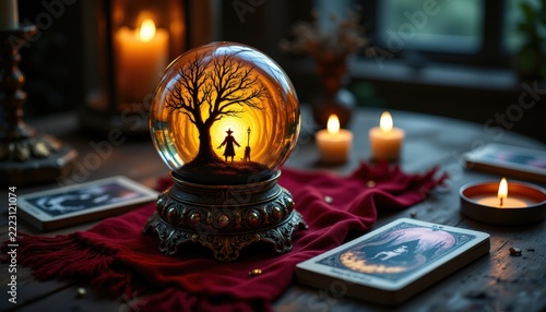 A glowing crystal ball on a ornate metal stand showing a swirling spooky forest inside, resting on a velvet cloth