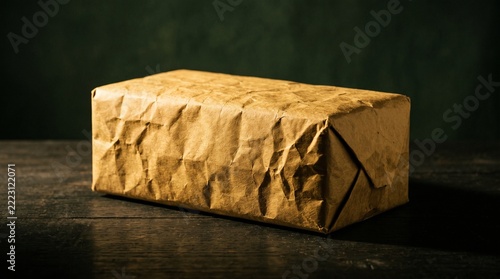 Photorealistic rectangular package wrapped in crumpled golden-brown kraft paper, dramatic warm spotlight, dark forest-green background, long shadows, rustic texture, minimalist luxury product photogra