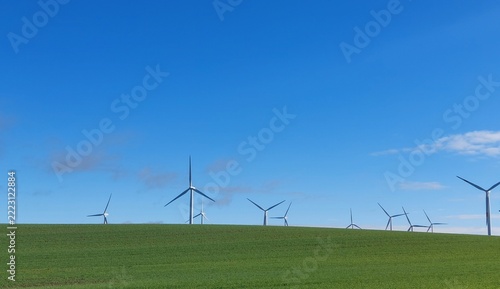 viele Windkraftanlage auf grüner Wiese und hinter dem Horizont bei leicht bewölktem Himmel