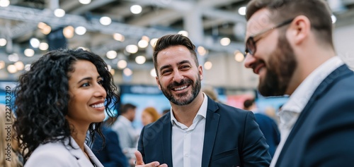 Happy staff members and event participants laugh while listening to a startup business owner speaking at a trade show exhibition.