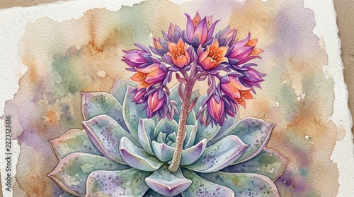 Watercolor Illustration of a Blooming Echeveria Succulent Flower