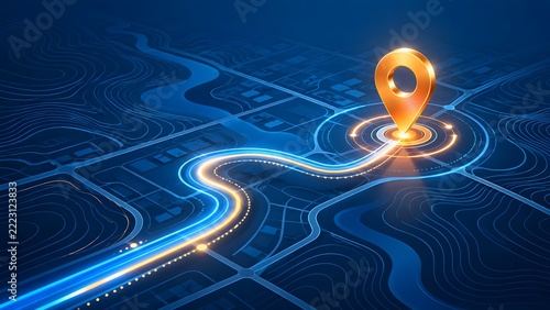 Digital navigation map with glowing path and location pin