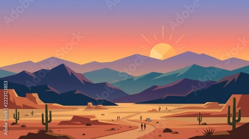 Minimalist Flat Design Desert Landscape Illustration with Sunset and Cacti