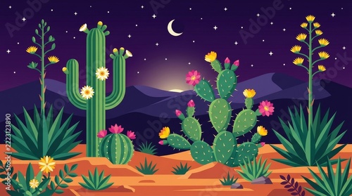 Desert Night Landscape Illustration with Blooming Cacti and Starry Sky