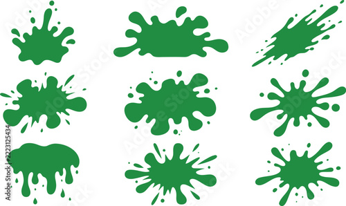 Set of green paint splatters and liquid drips isolated on white background for creative design projects