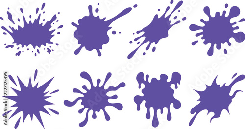 Set of eight isolated purple ink splashes and messy liquid paint splatters for creative graphic design
