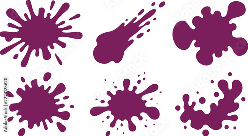 Set of six purple paint splatters and ink splashes on a plain white background for creative design elements