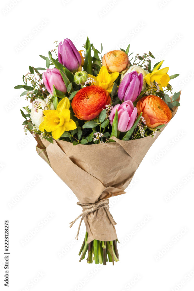 Naklejka premium Vibrant spring flower bouquet featuring colorful tulips, ranunculus, and daffodils wrapped in rustic brown paper on a clean white background