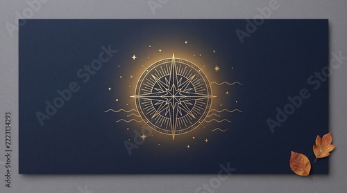 Elegant Gold Compass Icon with Glowing Radiance and Floating Autumn Leaves on a Deep Navy Background