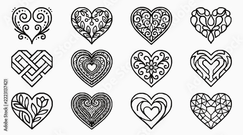 Intricate Line Art Heart Designs with Floral and Geometric Patterns for Digital Art