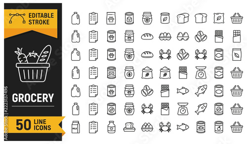 Grocery 50 line icons editable stroke vector design presents diverse symbols for food shopping and supermarket products.