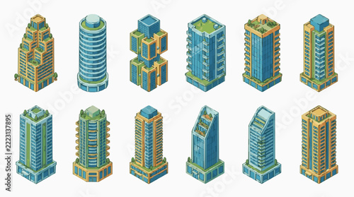 Isometric Sketches of Diverse High Rise Building Architectural Designs