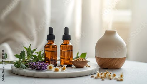 Amber essential oil bottles with lavender, eucalyptus and aroma diffuser, aromatherapy and natural wellness