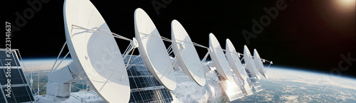 Close-up view of a satellite communication antenna array mounted on a space station orbiting Earth, with solar panels visible and the planet's atmosphere glowing below, high-tech space exploration