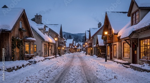 Charming snowy alpine village street with cozy wooden houses glowing warmly under twilight winter sky