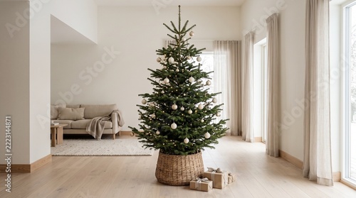 Minimalist Christmas Tree with White Ornaments in a Bright Modern Living Room Interior