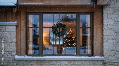 Cozy Christmas window display with festive wreath and glowing tree in a snowy winter house
