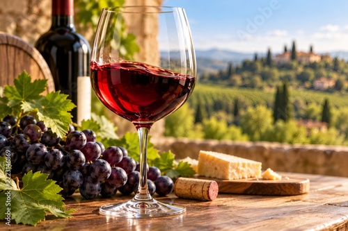 Red wine glass with grapes, cheese, and vineyard view