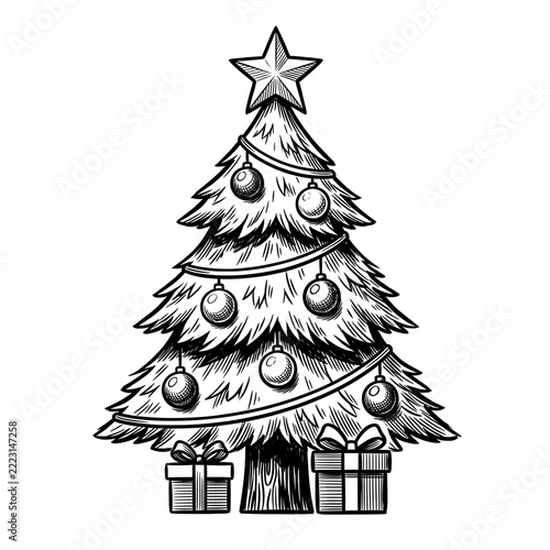 Vintage Hand-Drawn Christmas Tree with Ornaments and Presents in Black and White Ink Hatching Style