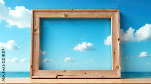 A rustic wooden frame showcases a serene seascape with fluffy clouds and a vibrant blue sky, inviting viewers to envision tranquil summer days and peaceful moments