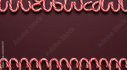 Festive winter holiday background featuring symmetrical top and bottom borders made of red and white striped candy canes against a solid dark brown surface with central negative space