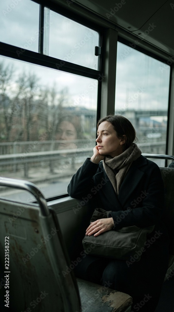 Naklejka premium A pensive young woman looks out the bus window during a trip; a passenger, lost in thought, travels on public transport—a minimalist travel concept.