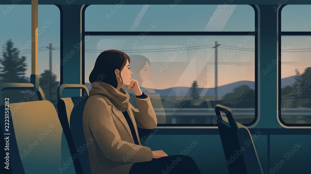 Naklejka premium A pensive young woman looks out the bus window during a trip; a passenger, lost in thought, travels on public transport—a minimalist travel concept.