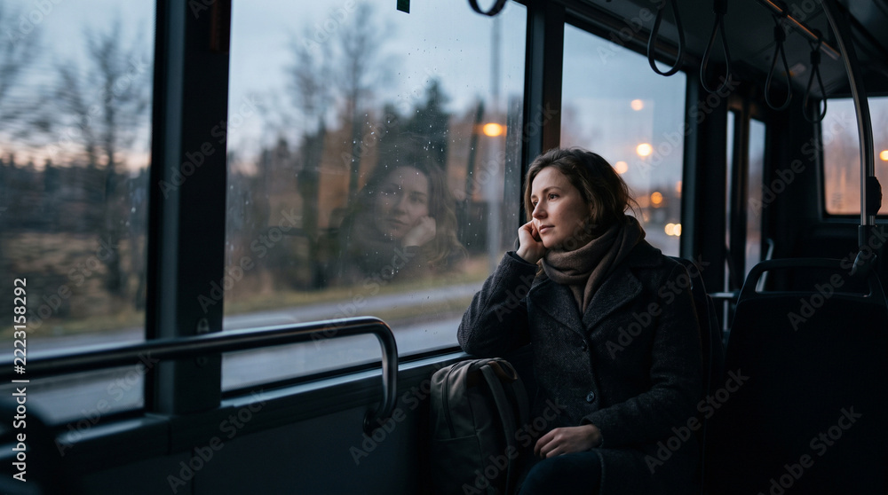 Naklejka premium A pensive young woman looks out the bus window during a trip; a passenger, lost in thought, travels on public transport—a minimalist travel concept.