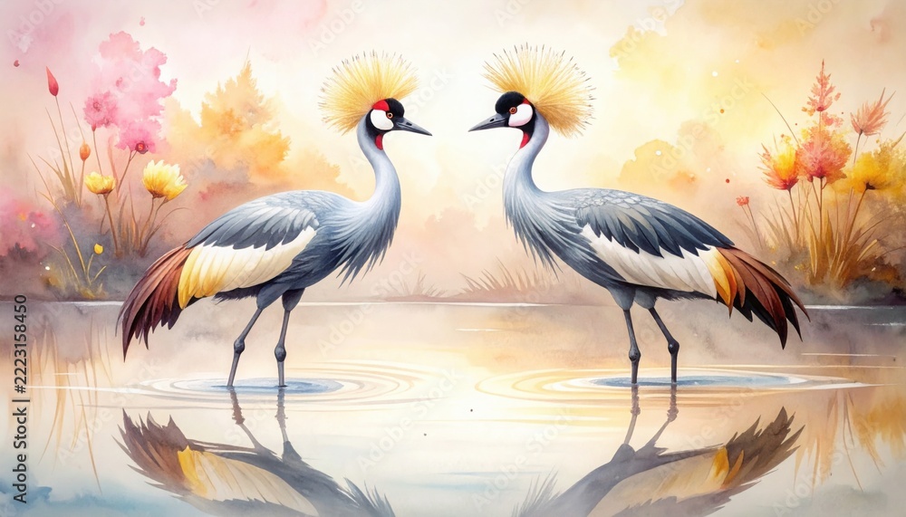 Fototapeta premium Elegant watercolor study of a pair of crowned cranes standing gracefully in shallow calm water reflecting soft pastel skies