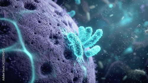 Extreme macro POV of glowing gut bacteria interacting with neural receptor