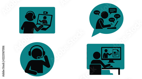 Teal vector graphic set illustrating online education, remote communication, and conference video calling