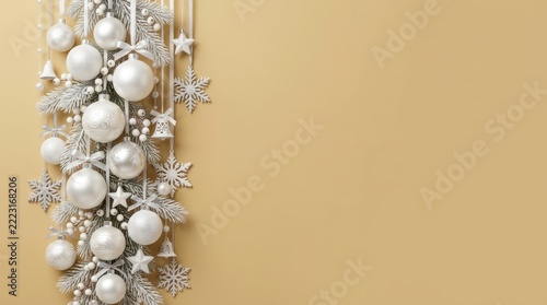 Elegant winter holiday background featuring a vertical side border arrangement of frosted evergreen pine branches, white baubles, snowflakes, and stars on a solid beige surface
