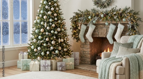 Cozy living room interior decorated for winter holidays featuring a tall Christmas tree with mint and champagne baubles, a stone fireplace with stockings, and snowy window views