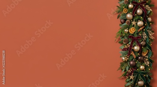 Charming winter holiday background featuring a vertical side border arrangement of green fir branches, gold and bronze baubles, dried citrus slices, pinecones, and velvet bows on a solid ter