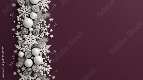 Minimalist winter holiday background featuring a vertical side border arrangement of frosted white pine branches, baubles, snowflakes, pinecones, and stars on a solid dark burgundy surface