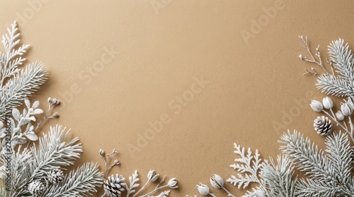 Minimalist winter holiday background featuring an asymmetrical corner arrangement of frosted white pine branches, tiny pinecones, and delicate twigs on a solid neutral beige surface