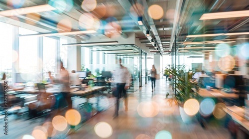 People walking through a modern open office space with motion blur and colorful bokeh lights overlay. Ideal for startup business websites, workplace articles, corporate presentation backgrounds.