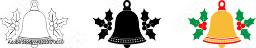 Christmas bell with holly leaves icon set, line art, black silhouette and colorful holiday jingle bell symbol
