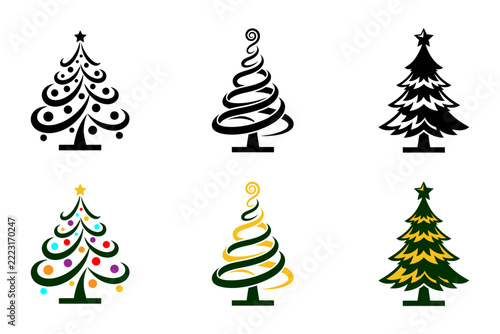 Stylized christmas tree icons set, black silhouettes and colorful holiday trees with spiral ribbons, stars, and baubles for winter new year designs