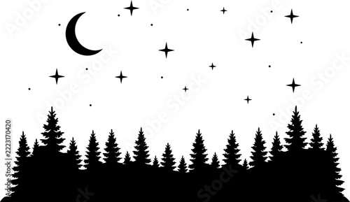 Pine forest silhouette with crescent moon and stars in night sky, black and white woodland landscape