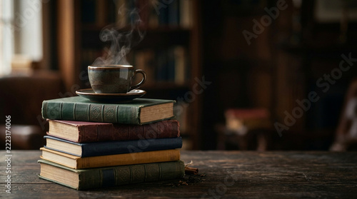 A Steaming Cup of Knowledge: A humble ceramic cup filled with hot coffee sits atop a stack of vintage hardbound books, with steam gently rising, hinting at a cozy reading session in a dimly lit study.
