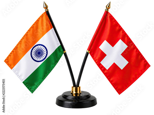 Switzerland National Flags on Desktop Stand Symbolizing International Cooperation, Cultural Connections, Trade Relations and Global Partnership