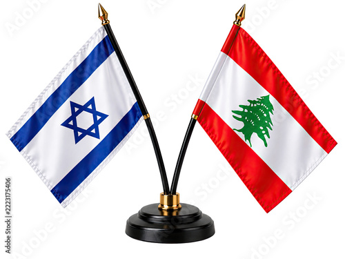 Israel and Lebanon National Flags Displayed Together on Desktop Stand Representing Regional Politics, International Relations and Sovereignty