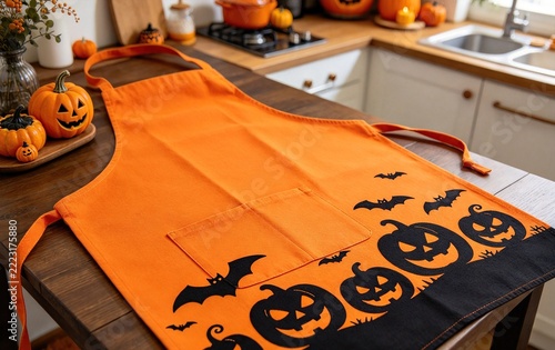 Halloween Apron Flat Lay, Orange Black Pumpkin Bat Silhouettes