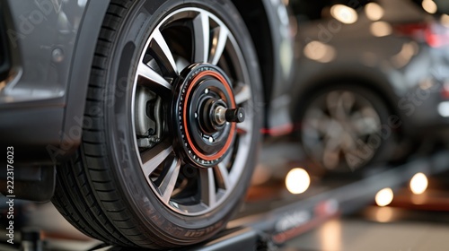 Vehicle wheel and tire close up in workshop setting