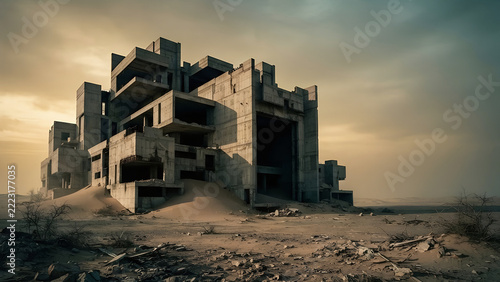 Mégalithe Brutaliste Abandonné au Cœur du Désert Dystopique
