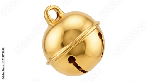 Golden bell, photorealistic festive polished gold jingle bell with a smooth metallic surface, classic rounded form, crisp decorative openings and brilliant reflective finish, three-quarter front view,