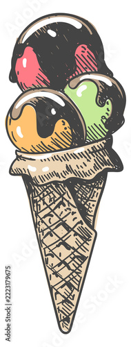 Chocolate ice cream scoops cone. Summer sweet drawing